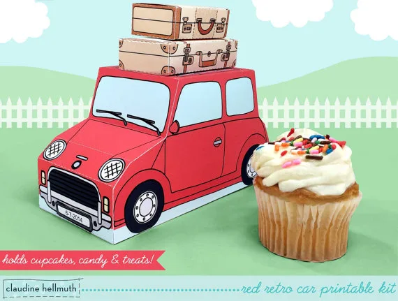Claudine Hellmuth's printable retro car cupcake holders. Also cute for gift cards or favor boxes