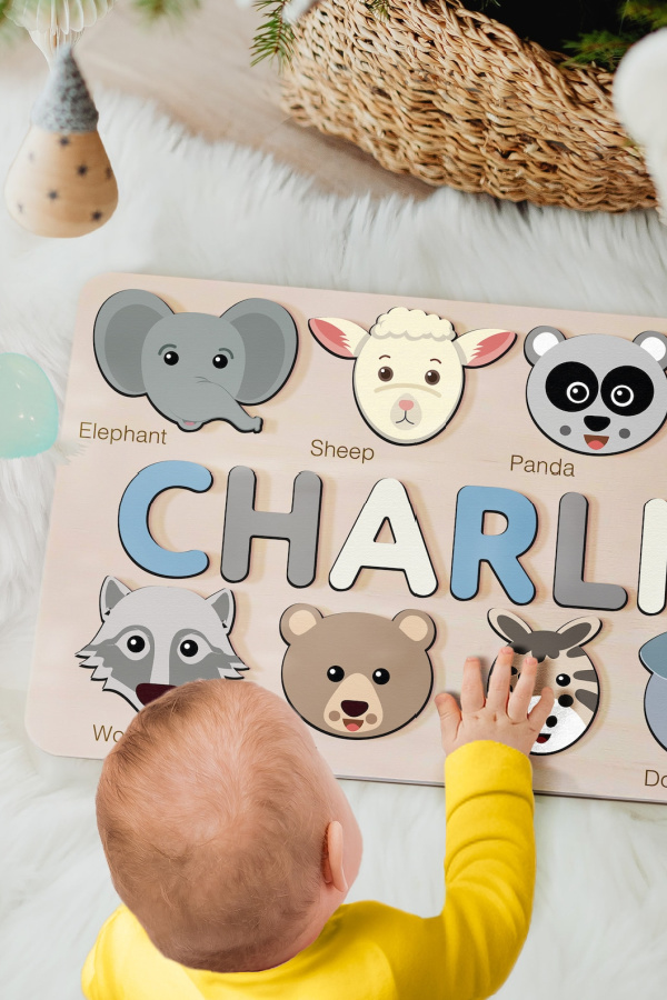 Best personalized baby gifts: Baby name animal puzzle from Zuzu Puzzle in lots of colors and styles