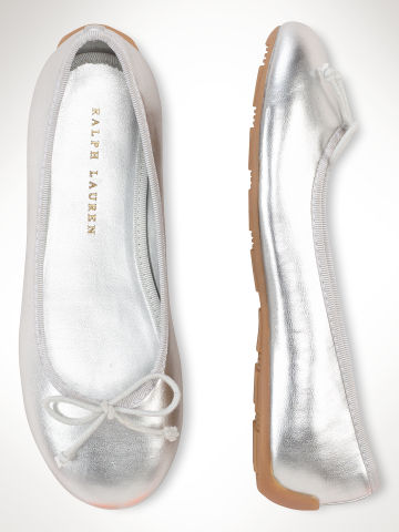 Silver metallic ballet flats for girls at Ralph Lauren