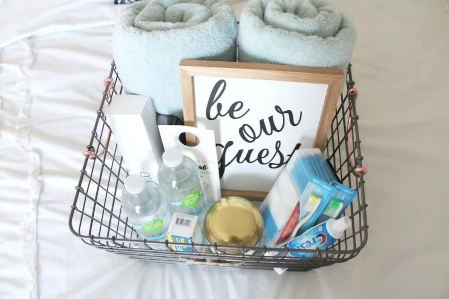 Guest room welcome basket ideas from Maggie Butterfleld