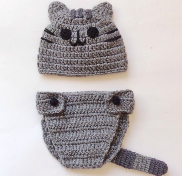 Hottest pop culture baby Halloween costumes: handmade Pusheen baby cap and diaper cover at KernelCrafts on Etsy