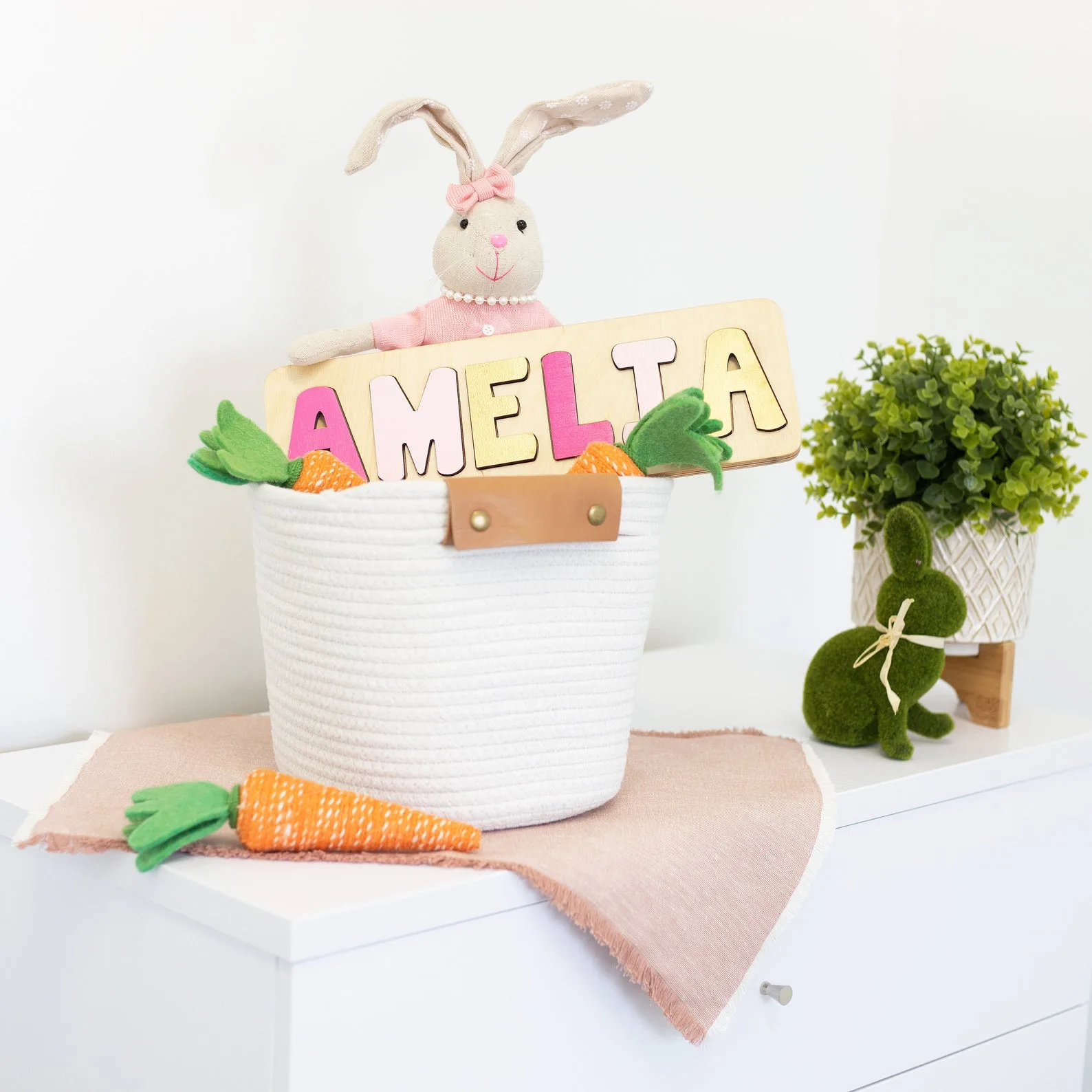 Easter gifts for kids on Etsy: personalized bunny Easter basket tags or ornaments