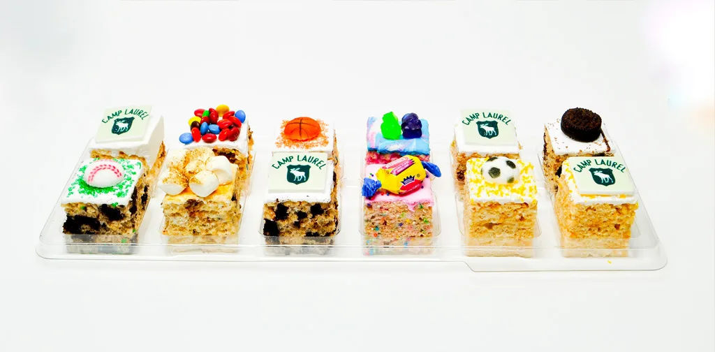 Treat House gourmet rice cereal bars with custom camp logos for care packages!