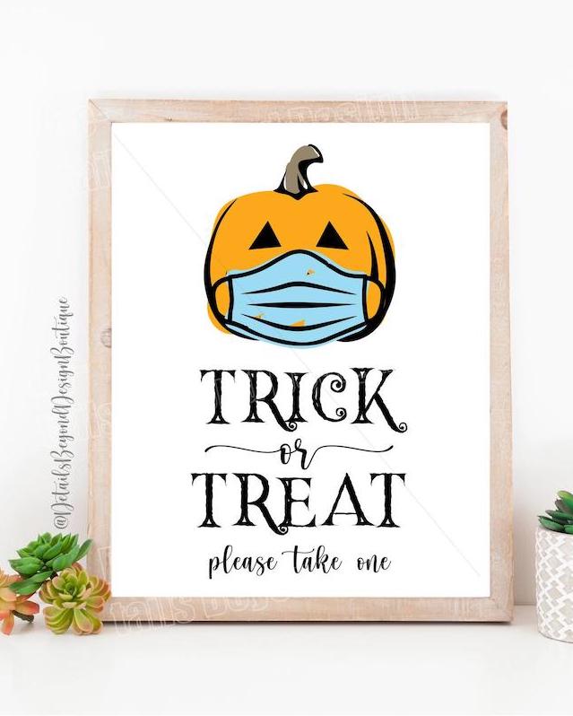 Social distancing signs for candy on Halloween: Love this  Pumpkin with a mask at Design Beyond Design