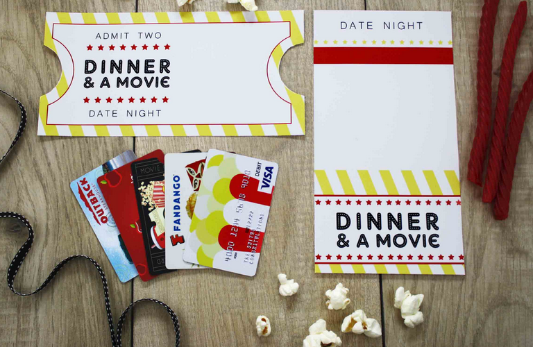 How to make gift cards more special: Download this free dinner and a movie printable by Gift Card Girlfriend, Shelley Hunter on GiftCards.com.