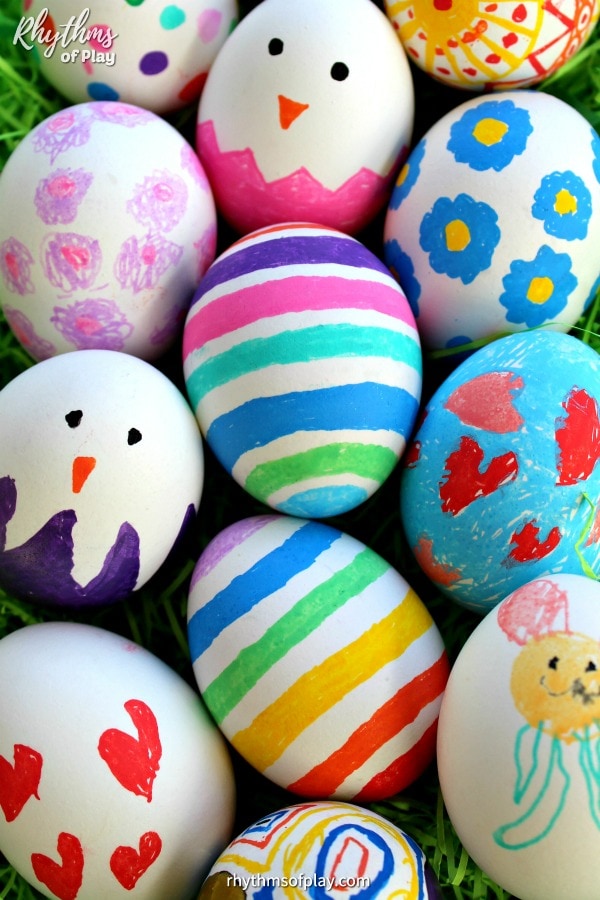 Easter egg techniques for toddlers: Paint pen Easter eggs at Rhythms of Play