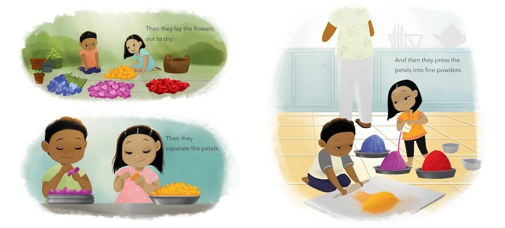 Book about Holi for kids: Dried flowers are pressed into powder in Festival of Countries by Kabir & Surishtha Sehgal and Vashti Harrison