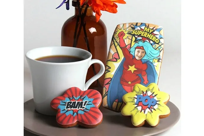 Custom superhero cookies for mom at Eleni's