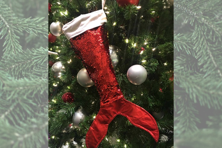 Mermaid Christmas stockings in red sequins from OnTheBeach Boutique on Etsy