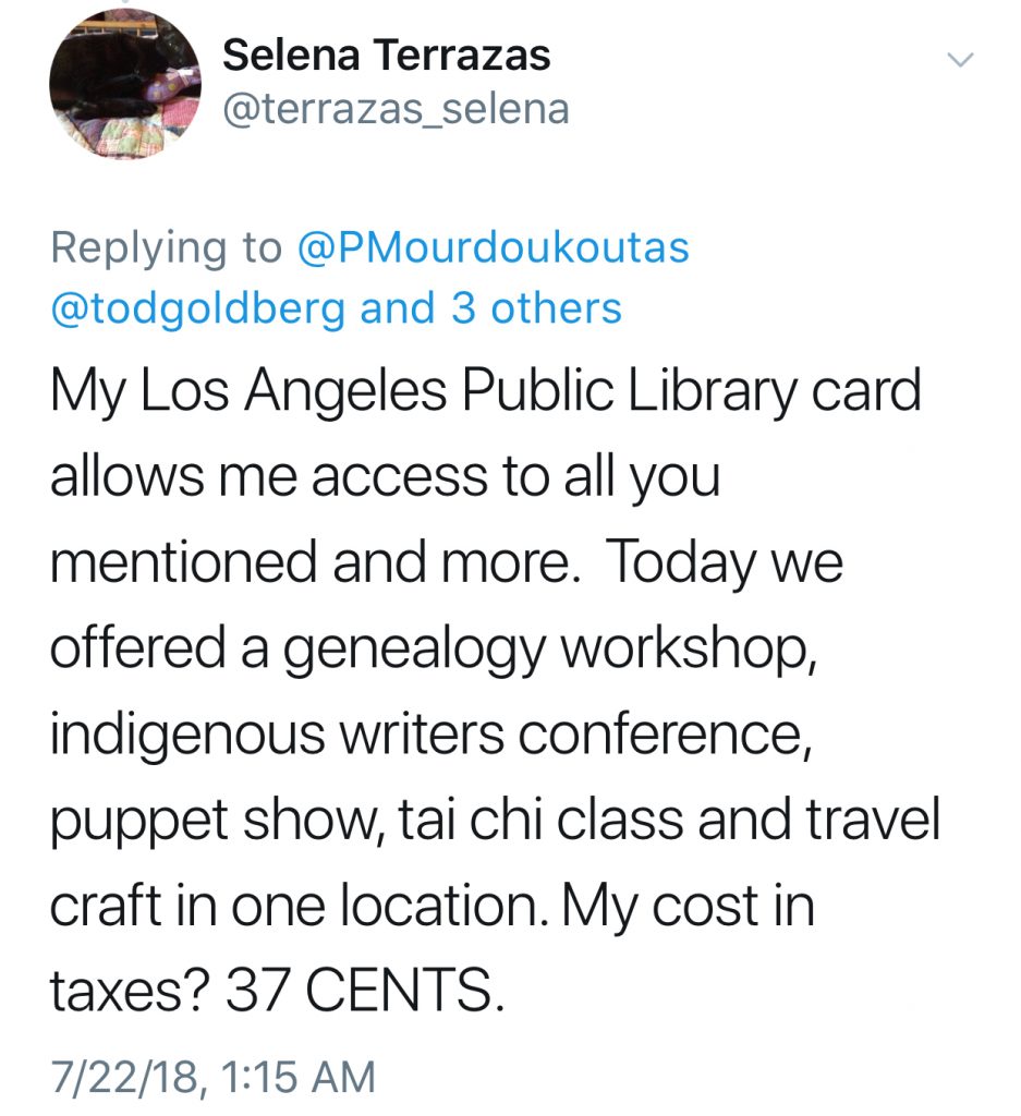 Why we should not replace public libraries with for-profit bookstores to "save taxpayers money" tweet by selena terraza | mompicksprod.wpengine.com