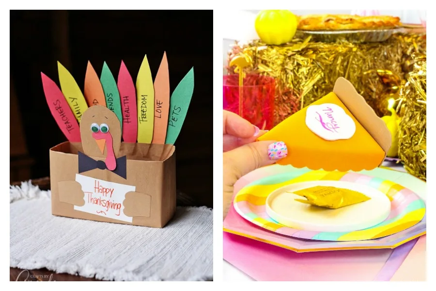 Thanksgiving crafts for kids: Thankful Turkey at Crafts by Amanda and Pie Place Cards at Brite and Bubbly