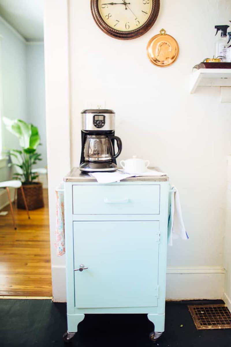 Cool coffee bar carts: Vintage shabby chic coffee bar cart by Hilary and Kyle Maloney for Design Sponge