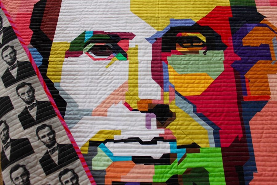 Lincoln quilt inspired by WPAP pop art, by Kim Smith of Leland Ave Studios