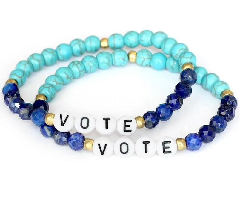 Blue beaded bracelets from Bird and Stone encourage people to Vote in upcoming elections