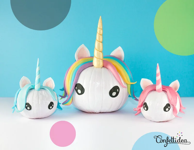 Cute pumpkin decorating ideas: Unicorn pumpkins at Confettidea