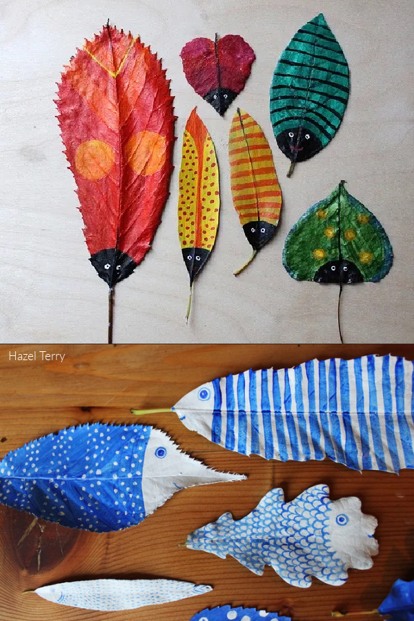 DIY leaf craft: painted leaves to look like bugs or fish by Hazel Terry