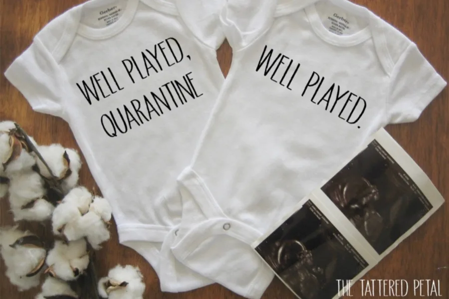 The twin quarantine baby announcement onesies making us giggle. More: coolmompicks.com
