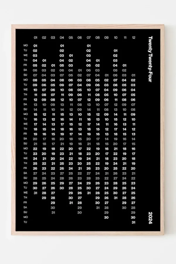 Modern 2024 printable calendars: Modern Minimalist Yearly Calendar from Anvaya Art: Numeric version