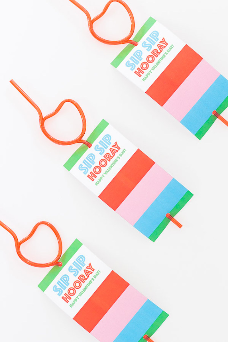 Non-candy Valentine ideas for kids with free printables: Sip Sip Hooray for Valentine's Day cards at Lacey Placey