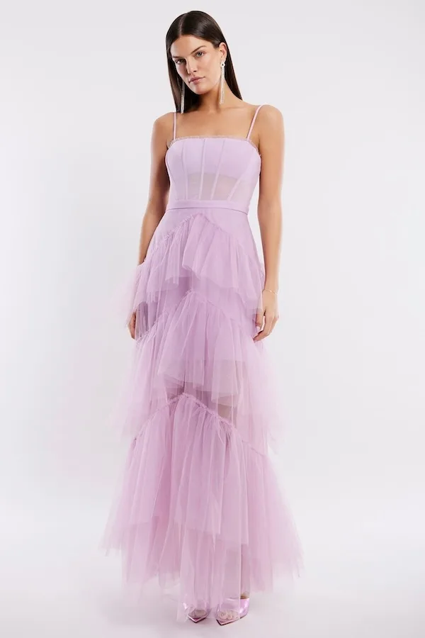 Prom dress rental ideas: BCBG MAX AZRIA tiered ruffle tulle evening gown in orchid at The Ensemble