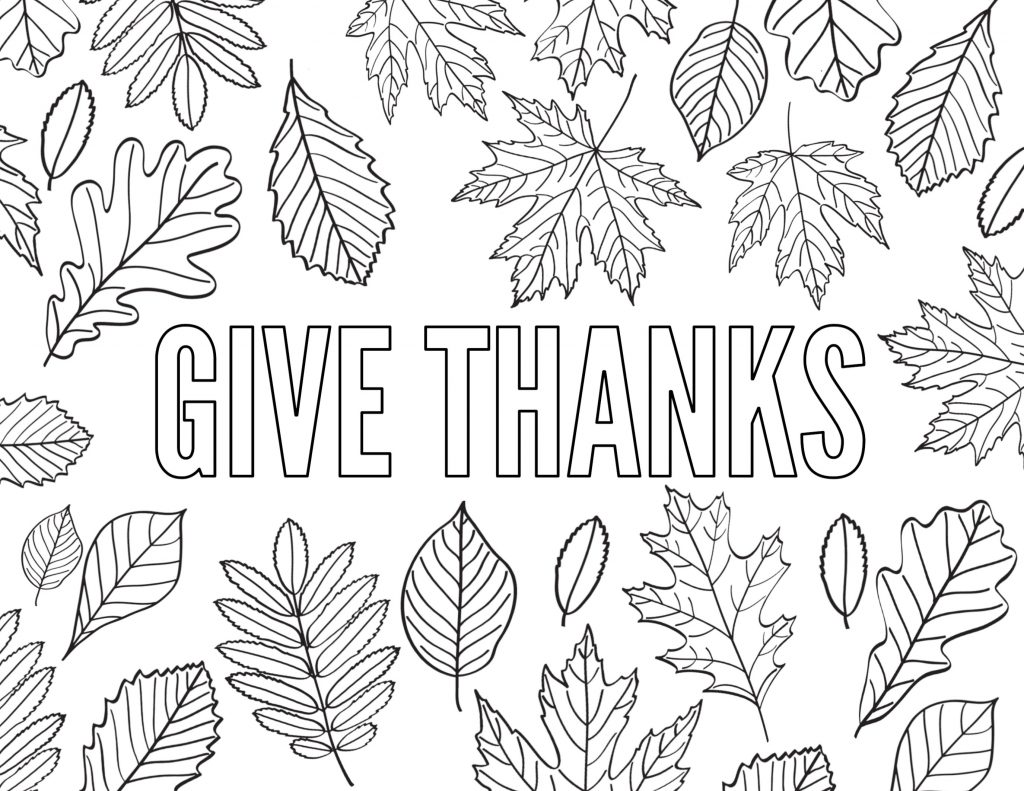 Free printable Thanksgiving coloring pages with messages like "give thanks," "gratitude," and "thankful" via PaperTrail Design