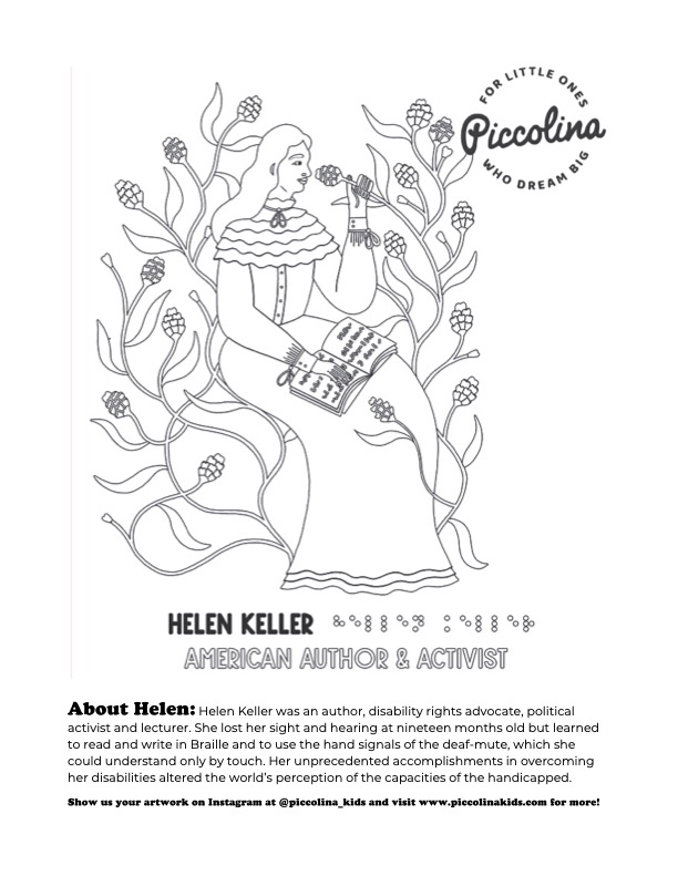 Free Printable Women's History Month coloring pages: Helen Keller, via Piccolina Kids Free Printable Women's History Month coloring pages: Helen Keller, via Piccolina Kids