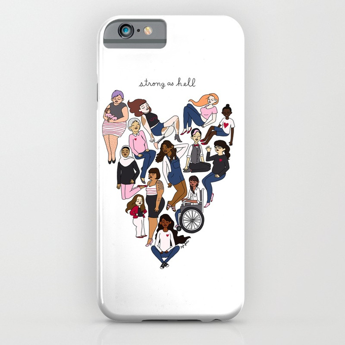Feminist gifts for Activist Women: Tyler Feder's Strong As Hell art on an iPhone case, tote, tee, or mug