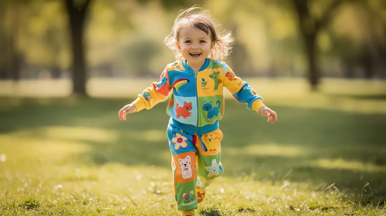 A child is joyfully running outdoors in playful clothes featuring fun appliqué designs, made from super soft organic cotton that is gentle on sensitive skin. The outfit embodies a perfect balance of comfort and style, ideal for everyday adventures in the sun.