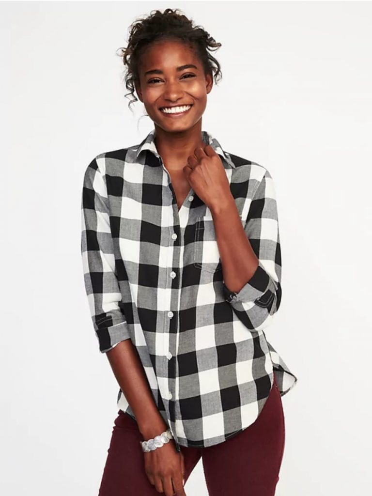 How to wear 90s style today: Buffalo checked black and white flannel shirt at Old Navy