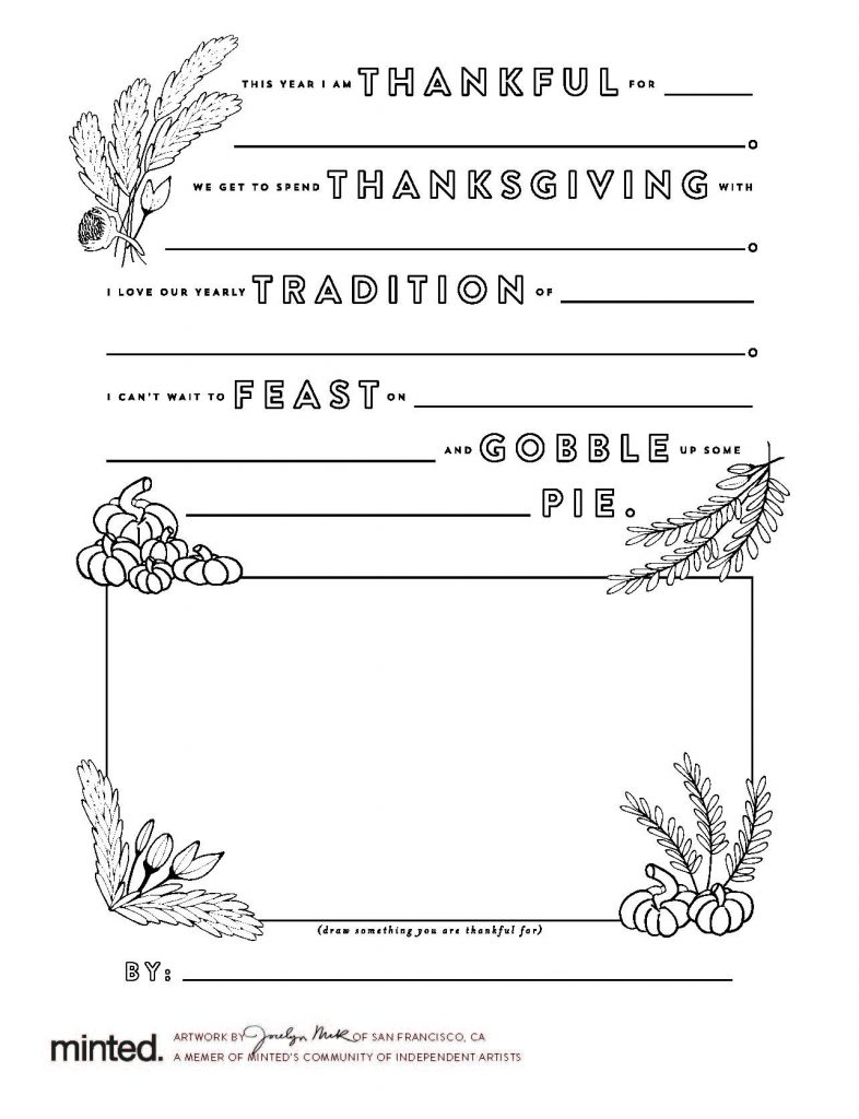 Free printable Thanksgiving coloring page from Minted: Fill in the Thanks