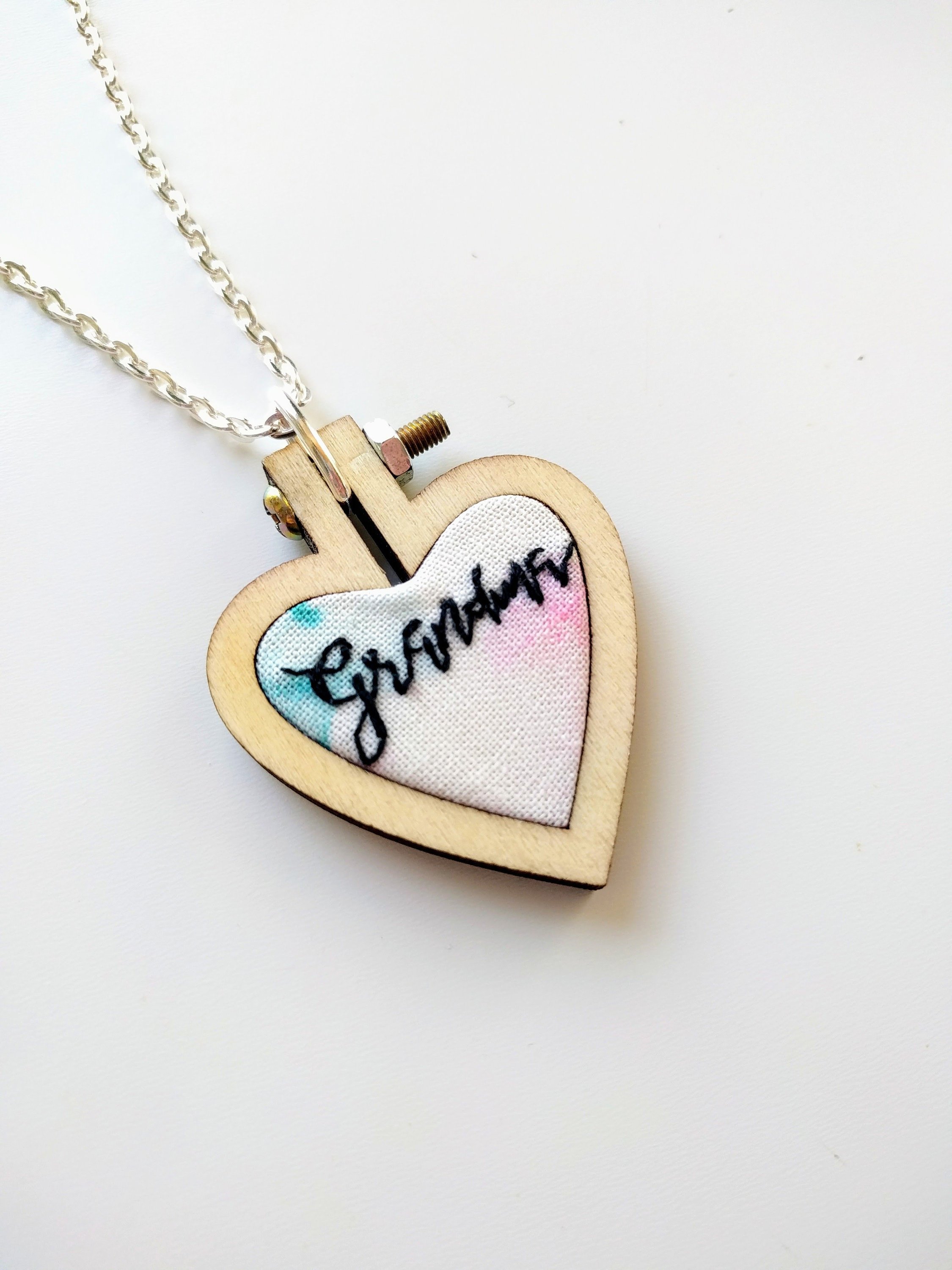 Special grandparent gift ideas for the holidays: Hand embroidered Grandma necklace from Hills and Valley Studio