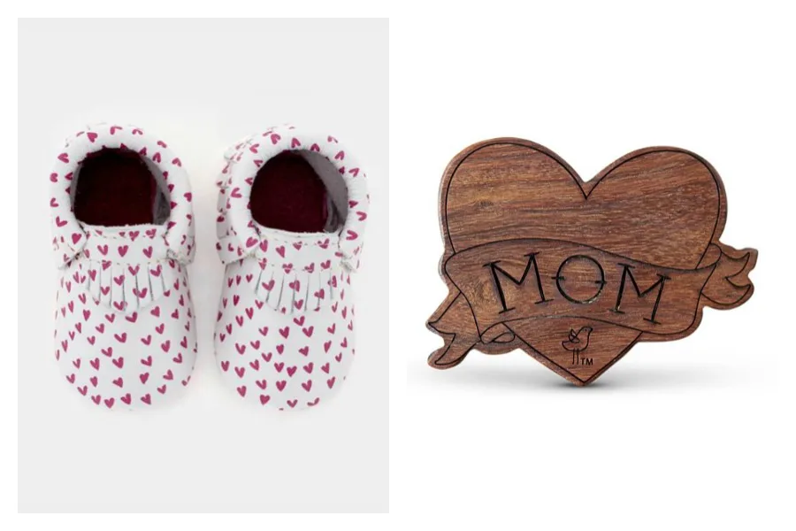 Valentine's Day gifts for babies: adorable heart moccasins by Freshly Picked; wooden tattoo teether by The Tot.