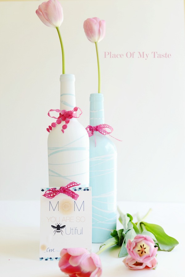Recycled wine bottle vases from Tater Tots & Jello for Mother's Day