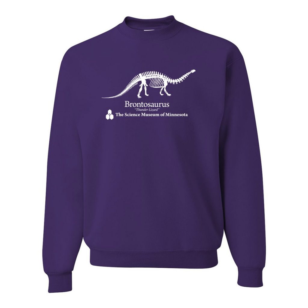 Science Museum of Minnesota Brontosaurus Sweatshirt as seen on Dustin from Stranger Things. Here's how to find your own!