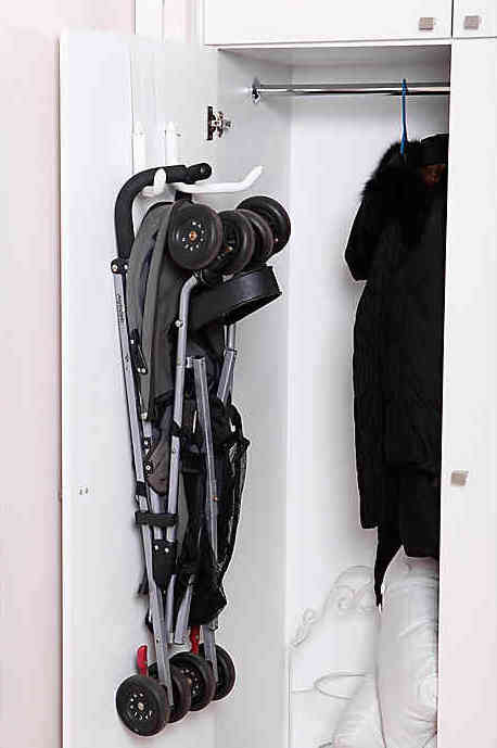 Small space solutions that get things off the floor: Strollaway over-door stroller hanger
