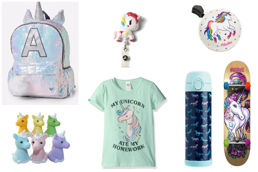cool unicorn school supplies: lunch packs, pencils, clothing and more