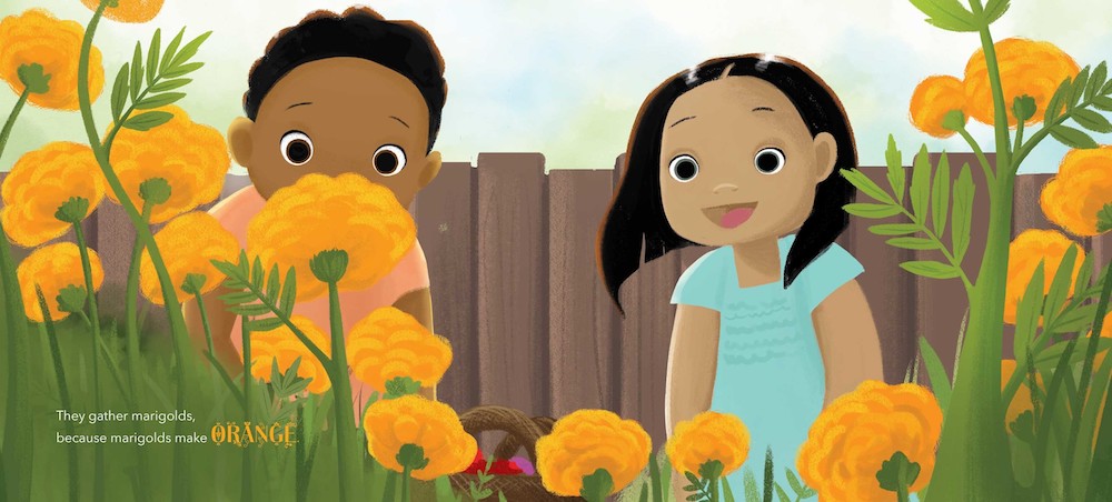 Book about Holi for kids: Kids pick marigolds to make yellow powder in Festival of Countries by Kabir & Surishtha Sehgal and Vashti Harrison