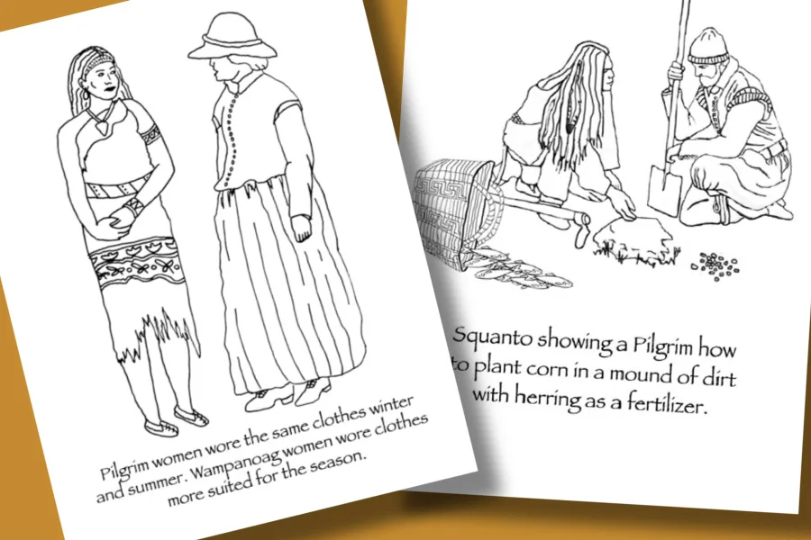 Historically accurate Thanksgiving coloring pages for children via Many Hoops