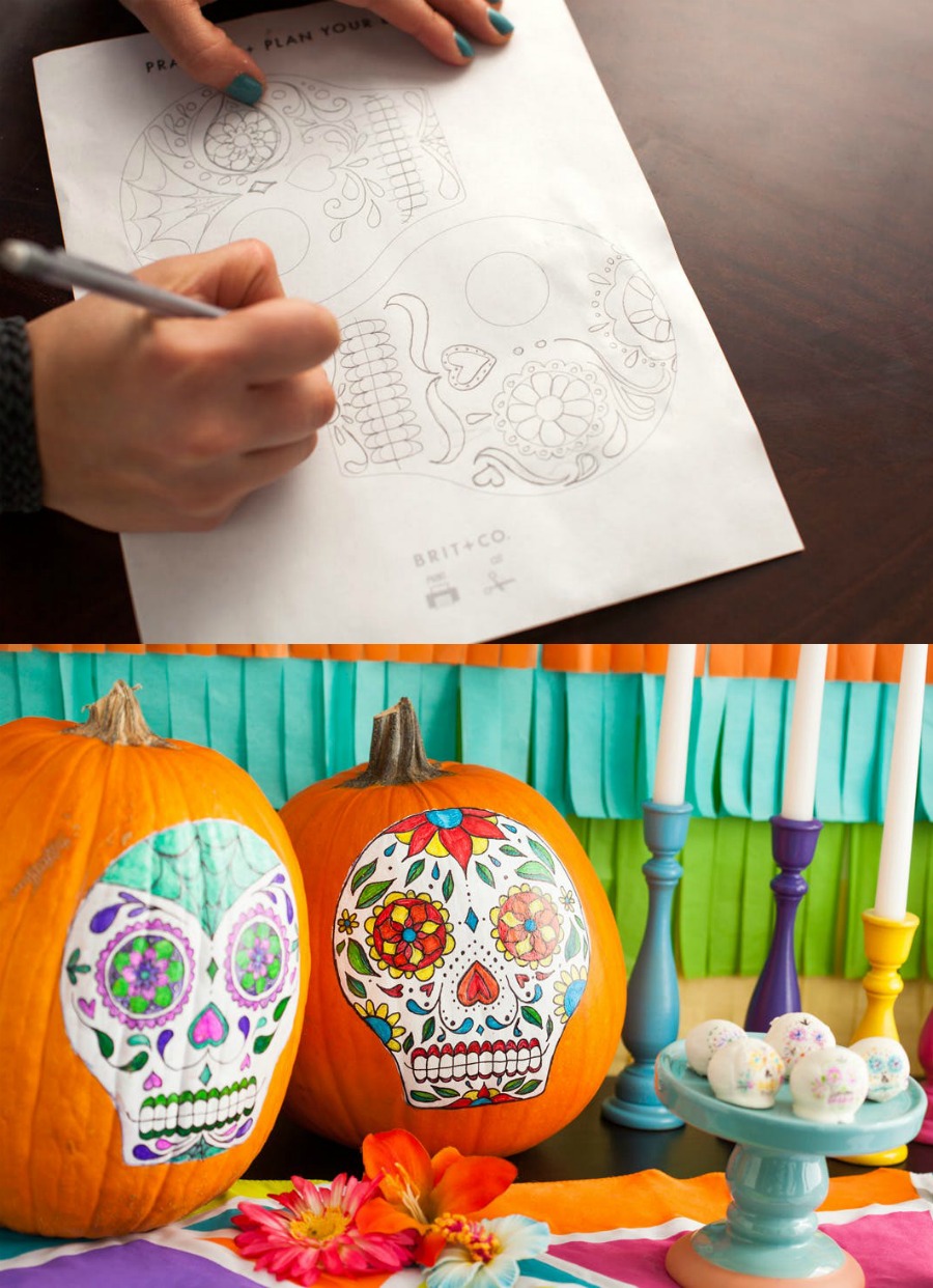 Sugar skull pumpkins and free printable template and practice sheets from Brit + Co
