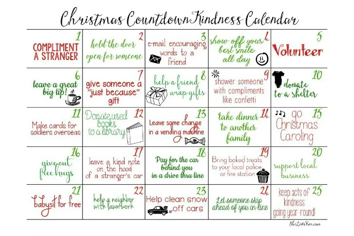 Free printable Christmas countdown calendar featuring random acts of kindness