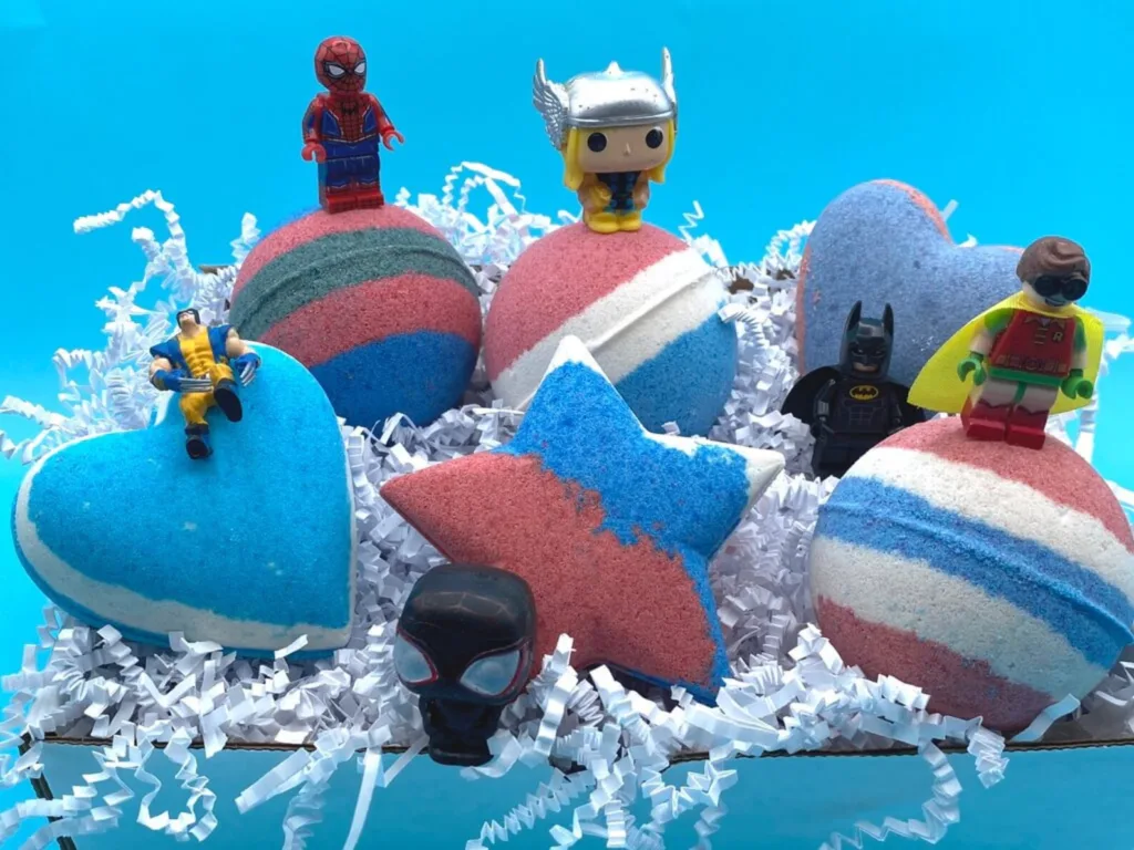 Cool gifts for 8-year-olds: Superhero minifig bath bombs from Berwyn Betty