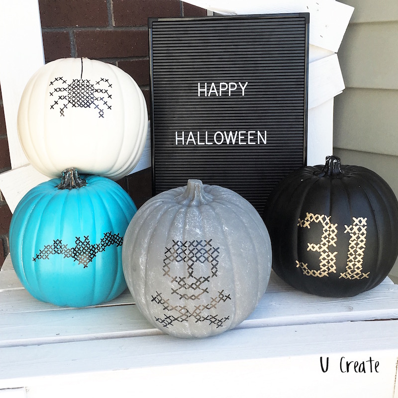 Teal pumpkin decorating ideas: Faux Stitched Pumpkins by U Create at Eighteen 25
