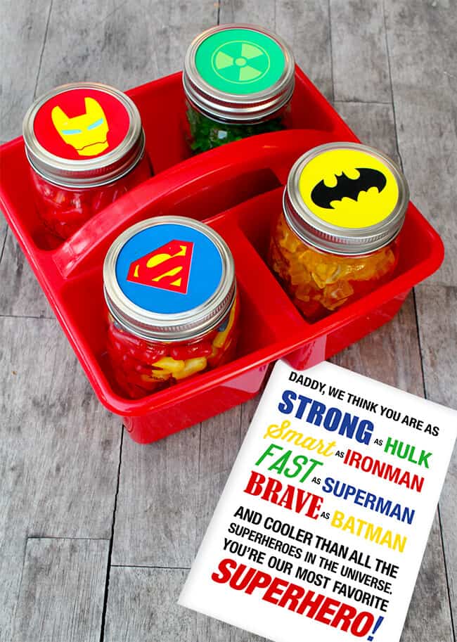 Easy Father's Day crafts for kids: Free printable Superhero labels and card for Father's Day from Sandy Toes and Popsicles
