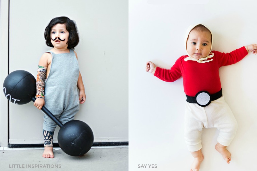 13 cool new-sew Halloween costume ideas for babies! Strong man via Little Inspirations; Pokemon Ball via Say Yes