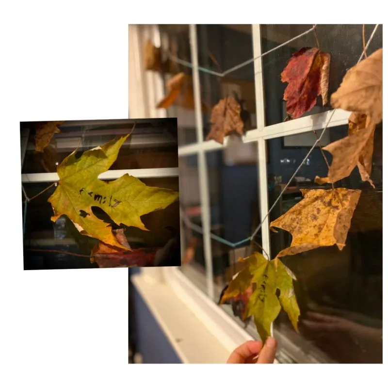 Easy gratitude activities for kids: Make a thankful garland with fallen leaves from your yard