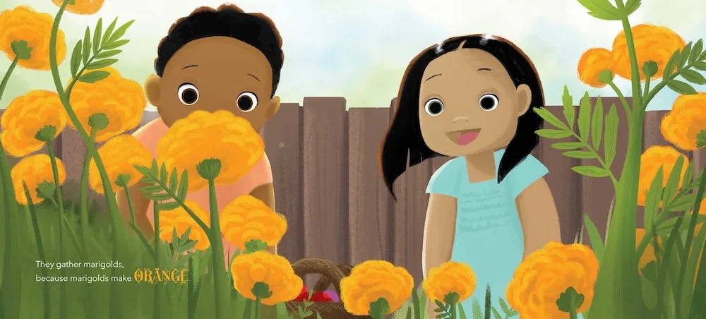 Book about Holi for kids: Kids pick marigolds to make yellow powder in Festival of Countries by Kabir & Surishtha Sehgal and Vashti Harrison