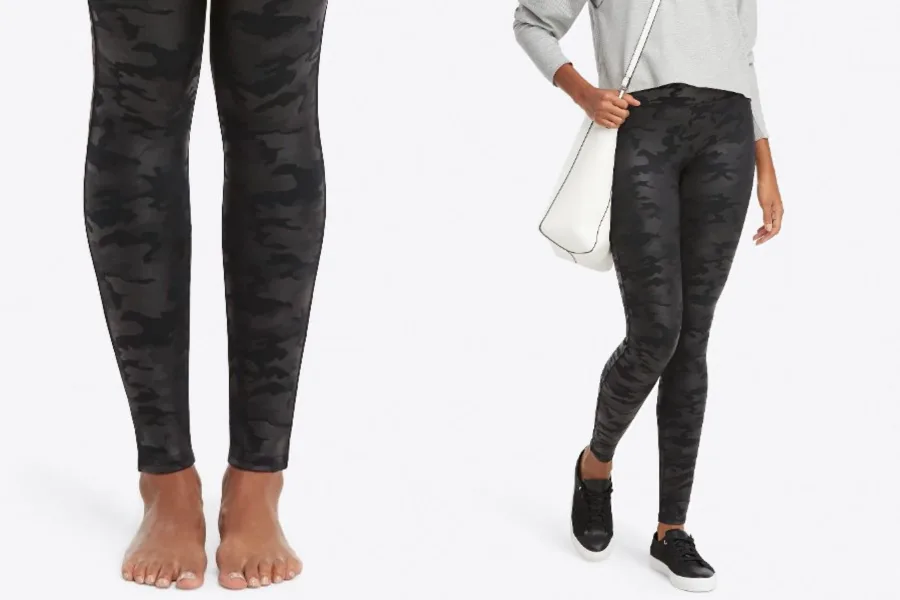 The new Spanx faux leather camo leggings come in sizes from petite to 3X and they're a big, stylish step up from walking around in yoga pants!