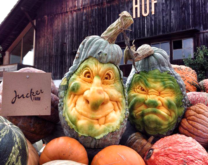 Creepiest Halloween pumpkins: Blue Squash Faces | Ray Villfane via Inhabitat.