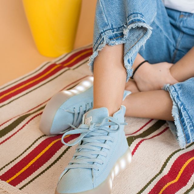 POP light-up sneakers for kids in high-top and low-top styles. The LED lights recharge via USB