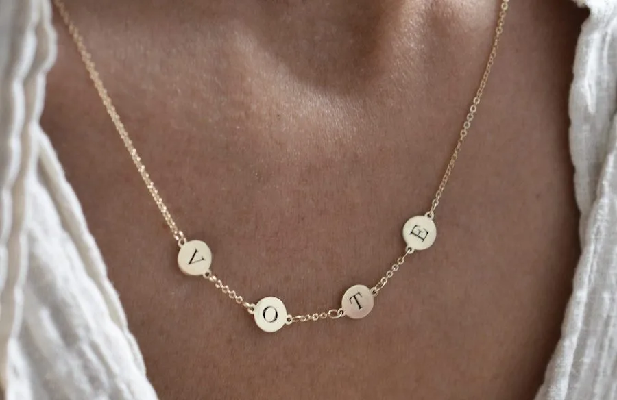 Political jewelry that supports voting rights like this VOTE necklace from Haverhill